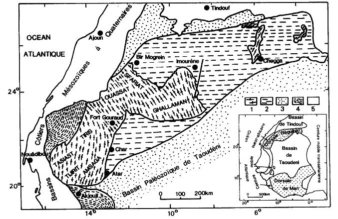 Figure 2:&nbsp;La Dorsale Reguibat (d’après Bessoles, 1977). (1) Archéen (2) Protérozoïque (3) Paléozoïque (4) Ceinture mobile des Mauritanides (5) Mésozoïque et Quaternaire