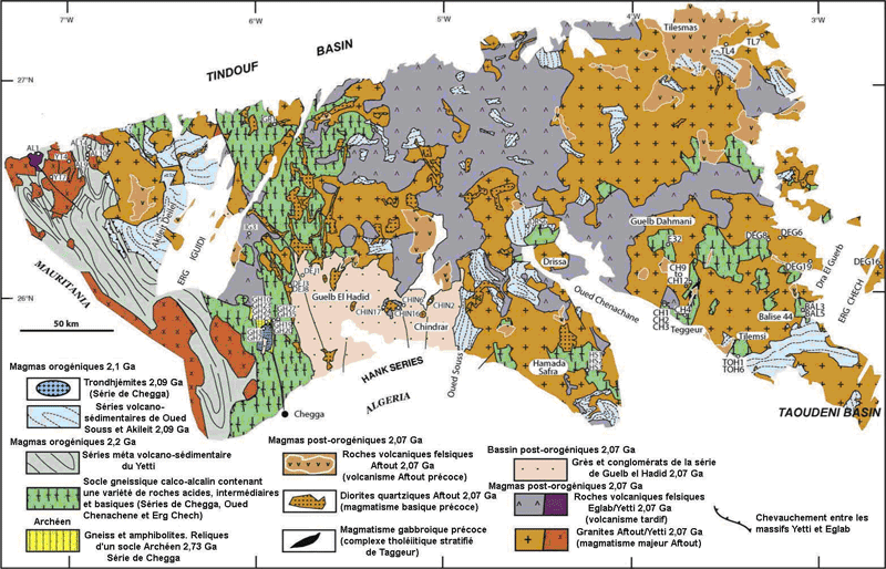 Figure 3:&nbsp;Carte géologique du massif Yetti-Eglab (d’après Peucat et al., 2005, modifiée)