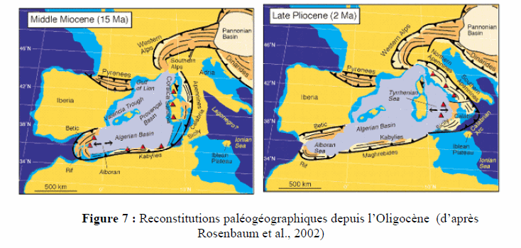 Figure 7: Reconstitutions paléogéographiques depuis l'Oligocène