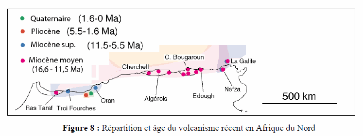 Figure 8: Répartition et âge du volcanisme récent en Afrique du Nord