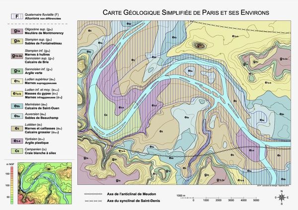 Figure 1: Carte&nbsp;géologique de Paris sans les remblais et alluvions réalisée par G. Mesnier à partir de la carte géologique de Paris au 1/25000° du BRGM