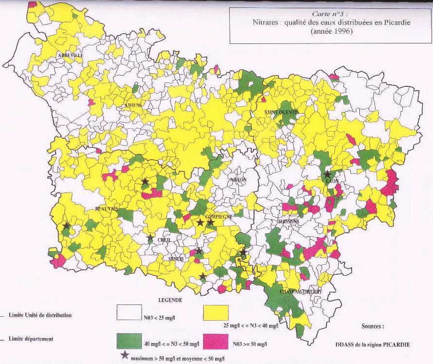 Figure 2:&nbsp;Teneurs en nitrate des eaux destinées à la consommation en Picardie (moyenne en 1996), d'après un document de la DRASS de Picardie