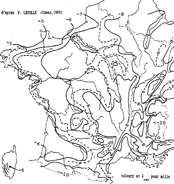 Figure 5: Teneurs en Oxygène 18 des précipitations en France, d'après BLAVOUX et LETOLLE; la teneur du O18 diminue vers l'EST