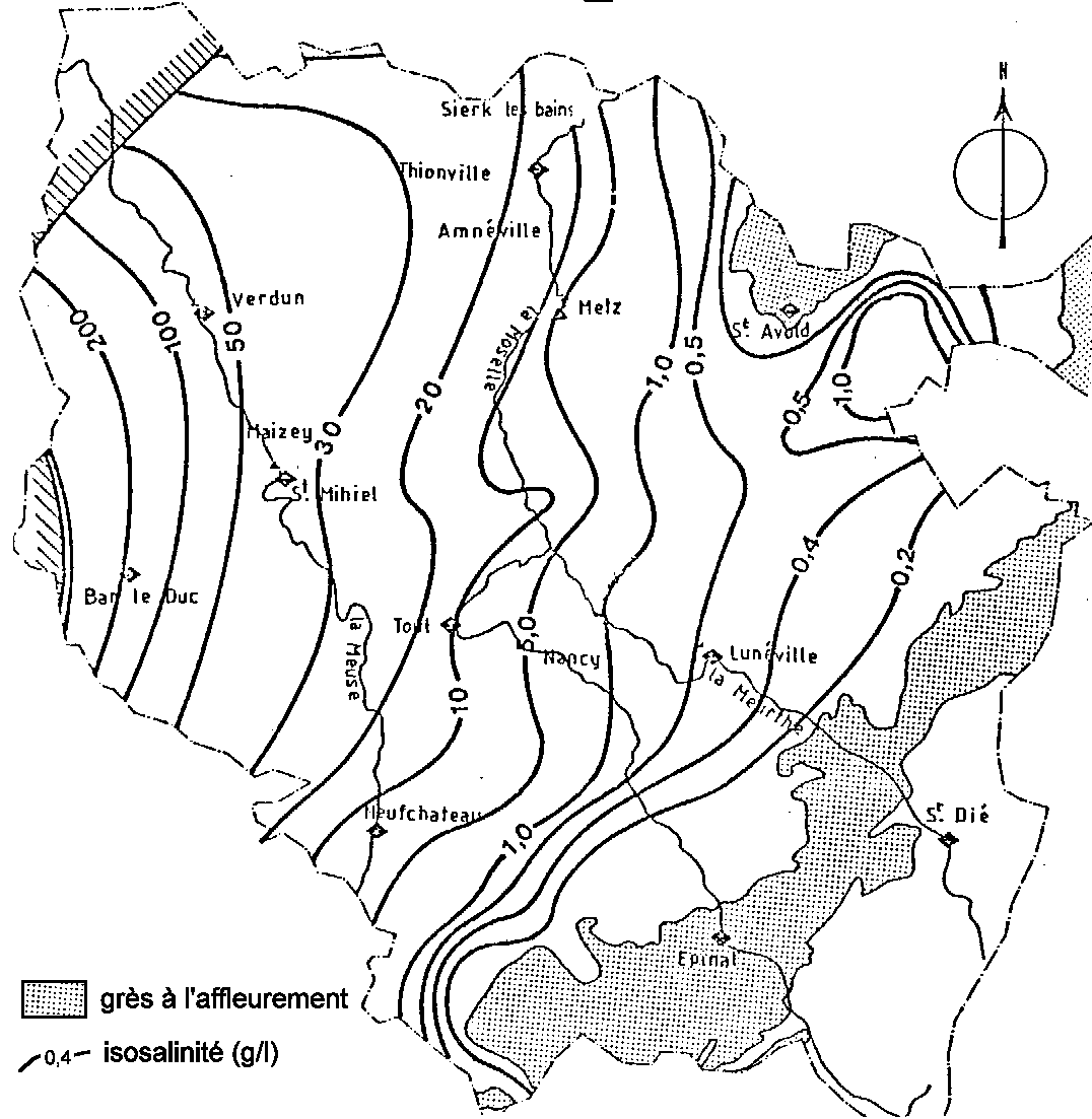Figure 1:&nbsp;Salinité des eaux de l'aquifère des grès permo-triasique en Lorraine (adapté de MANIA): la salinité augmente avec la profondeur