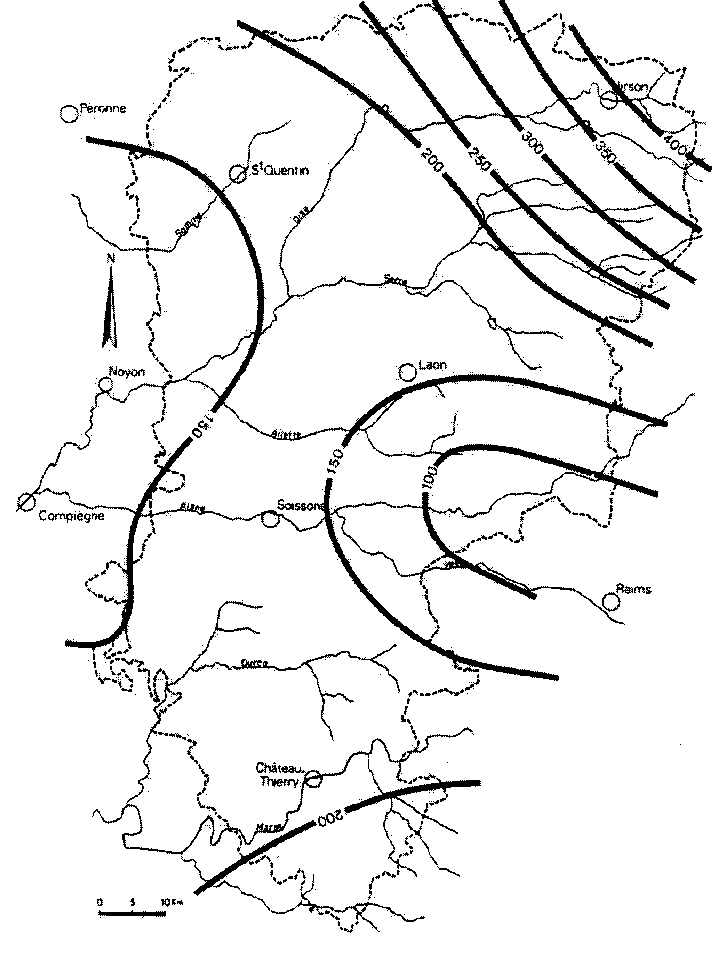 Figure 6b: Pluies efficaces moyennes dans le département de l'Aisne, elles sont réparties en fait sur 5 mois, de novembre à maris (adaptée de l'Atlas hydrogéologique de l'Aisne)