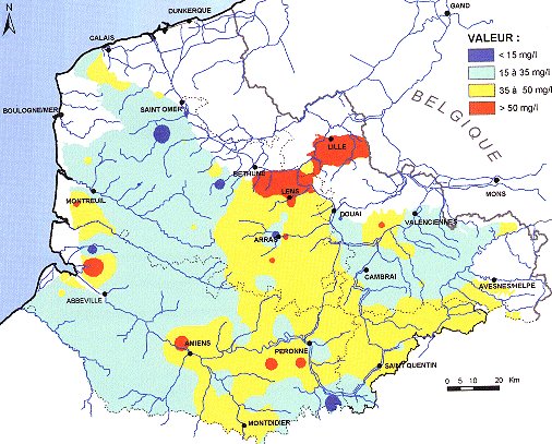 Figure 19c: Teneurs en Nitrate de l'eau de la nappe libre de la craie en 2001 (d'après l'agence de l'eau Artois-Picardie)