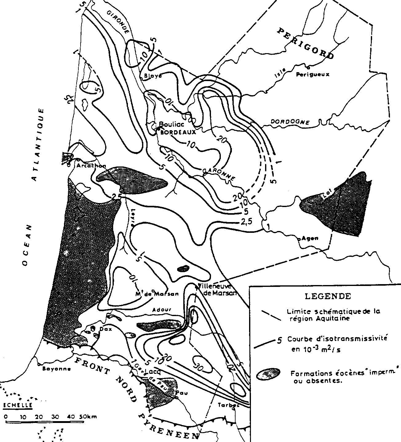 Figure 15b: Carte des transmissivités en Aquitaine (d'après J. MANIA)