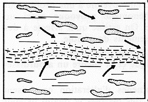 Figure 1:&nbsp;Etape 1 de l'évolution du kérogène, au début de la pyrolyse : chaque petit filet de kérogène produit de l'eau qui est parfois expulsée sous l'effet de la pression des couches situées au-dessus du sédiment