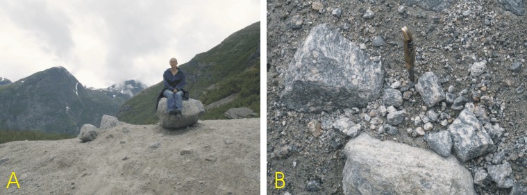 A:&nbsp;<i>argile à blocaux d'une moraine actuelle, Jostedalsbreen, Norvège.&nbsp;B: détail</i>