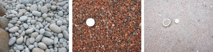 <i>Granulométrie</i>&nbsp;<i>des sédiments: exemples: galets, graviers et sable, région de Ploumanach, Bretagne</i>