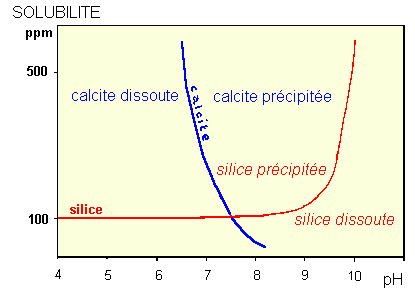 Figure 5:&nbsp;solubilité de la silice amorphe et de la calcite dans l'eau de mer à 20°C