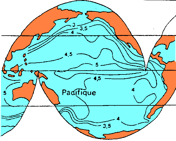 Figure 9:&nbsp;Variation de la profondeur de compensation des carbonates, exprimée en km, dans le Pacifique