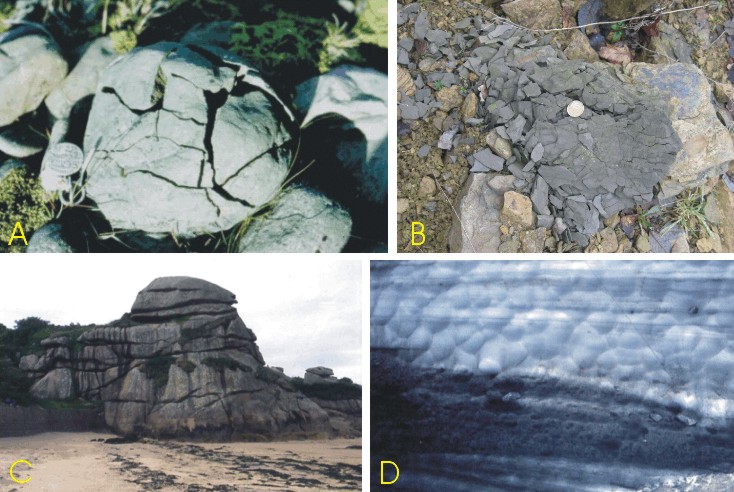 Altération&nbsp;physique. A: cryoclastie d'un basalte (roche macrogélive), Islande; B: cryoclastie d'un schiste (roche microgélive), Belgique; C: joints de décompression dans un massif granitique, Ploumanach; D: glace chargée de sable et de graviers, Pyrénées