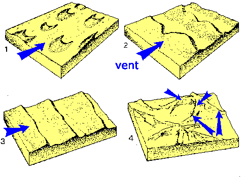 Figure 2:&nbsp;Principaux types de dunes éoliennes. (1) barkhanes;(2) dunes linguoides; (3) dunes transversales à crêtes rectilignes; (4) dunes d'interférence